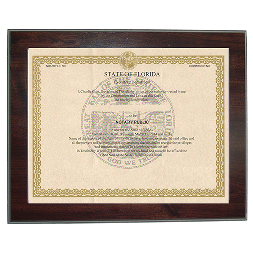 Guard your Florida notary commission certificate from loss or damage with this 8-1/2 x 11 inches elegant cherry wood finish frame that makes an attractive addition to any office. Simply slide your Florida notary certificate in from the side. No need for nails or screws. Designed to fit 8-1/2 x 11 inch certificates. We can also custom make a frame to fit any state's notary certificates.