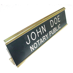 Florida notary desk signs are an essential part of presenting a professional image in the modern day work environment. This elegant, brass metal desk sign engraved with your name and the wording 'Notary Public' on an acrylic plate will make a fine addition to your office. This sign can be customized with up to two lines. Please type in any special customization instructions in the instruction box at checkout.