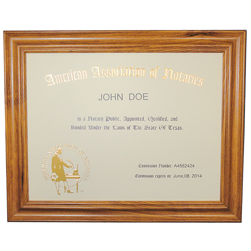 This Florida notary commission frame is made of solid hardwood. Available in cherry, black, and walnut wood. The notary frame includes a gold embossed notary certificate, personalized with your notary name and your Florida notary commission information. Proudly display your status as a commissioned Florida notary public with our deluxe notary certificate frame. This certificate frame can be purchased by both non-members and members of the AAN.